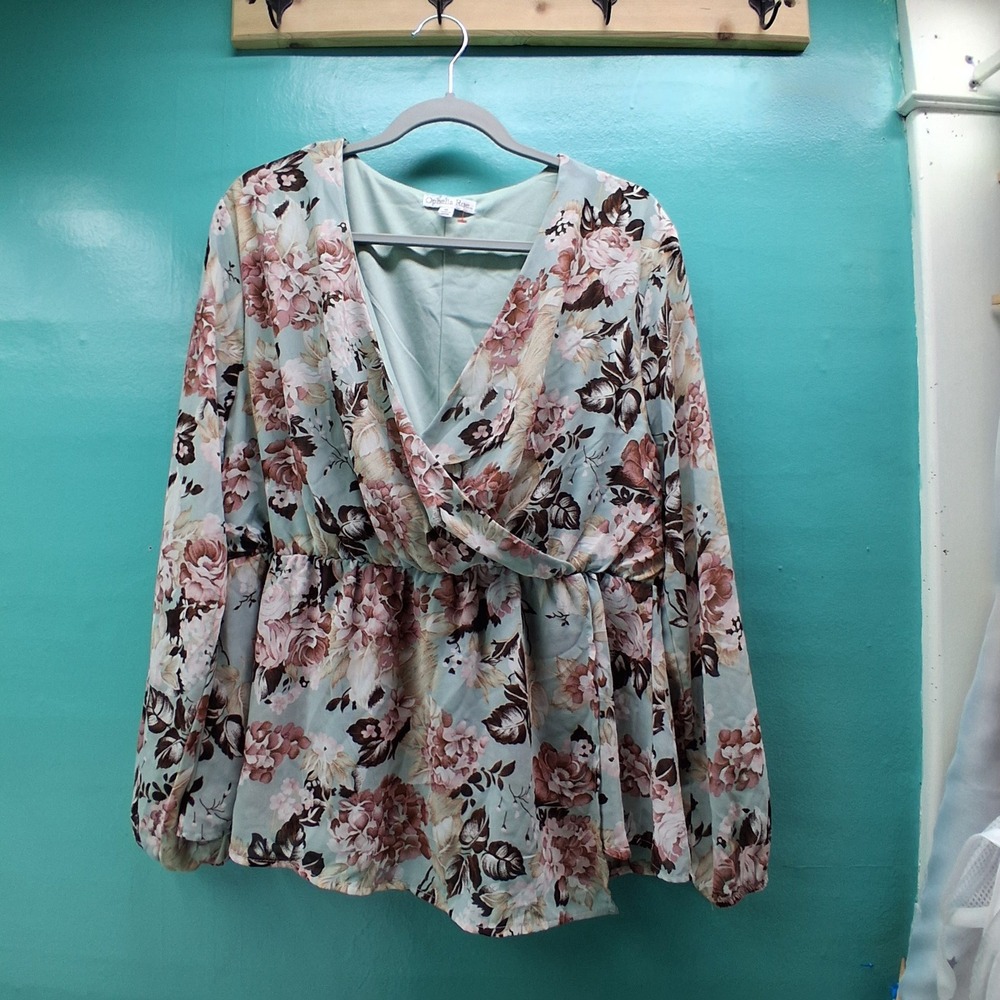 Ophelia Roe Floral Surplice Blouse XL Sage Green Boho Cottagecore Romantic